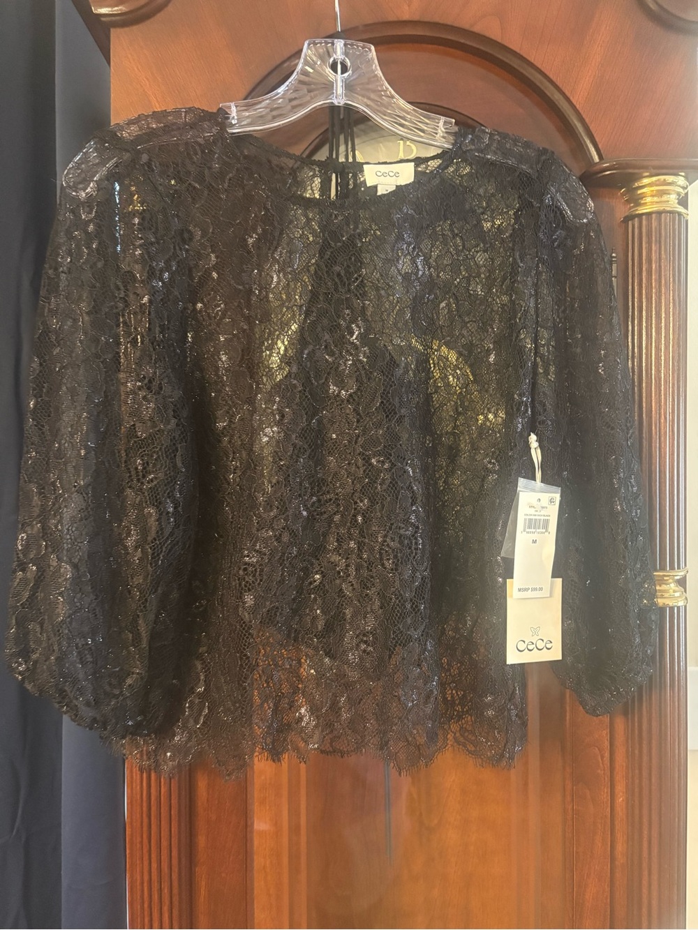 NWT CeCe Black Lace Puff-Sleeve Top